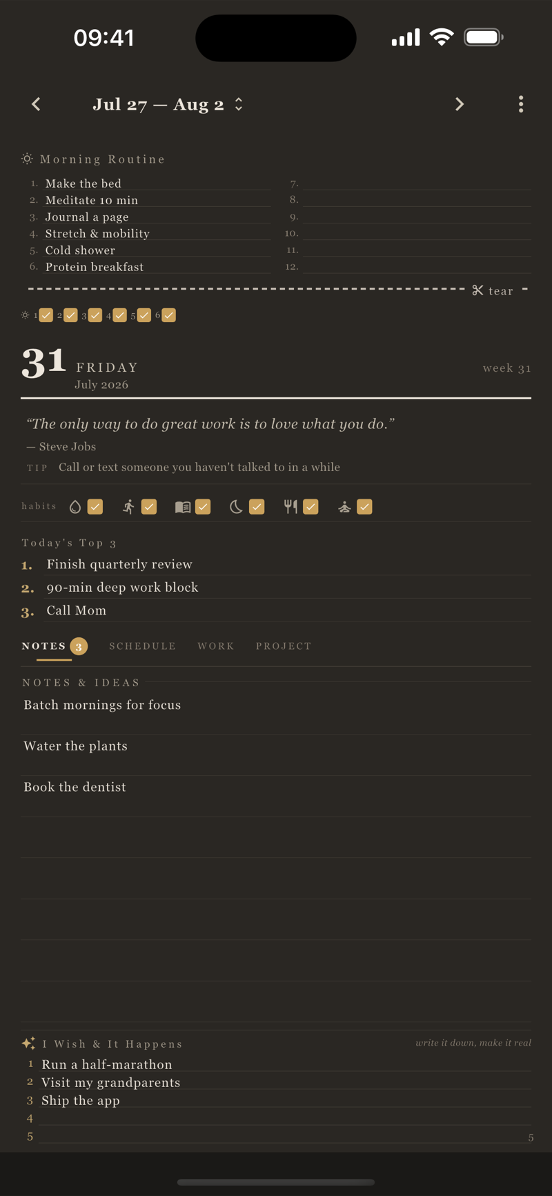 Tearoff in dark mode, showing the daily routine planner with a warm, easy-on-the-eyes night palette.