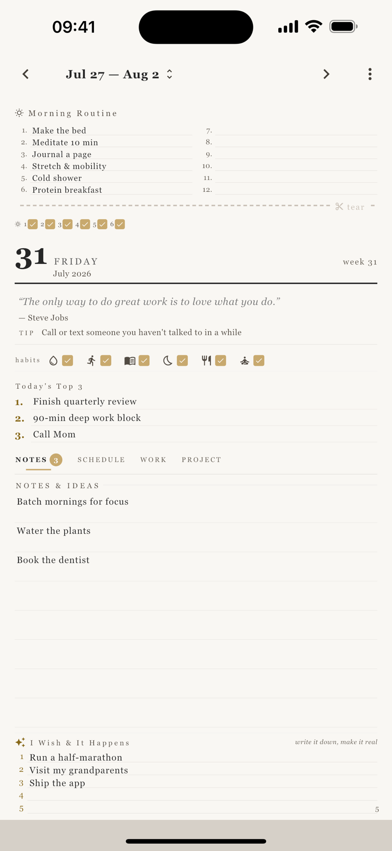 Tearoff Today screen showing a morning routine strip, habit row, evening routine strip, notes and a daily schedule.